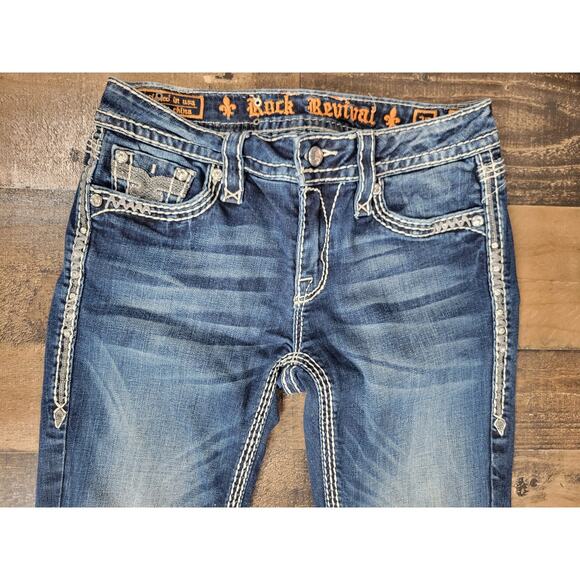 Rock Revival Sherry Boot‎ Jeans Womens 28 Dark Wash Blue Denim Sequin Rhinestone - Picture 2 of 8